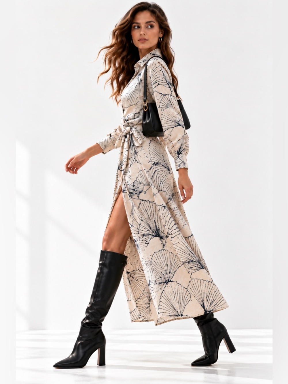 Magaschoni Cream Wrap Maxi Dress with Black Botanical Print